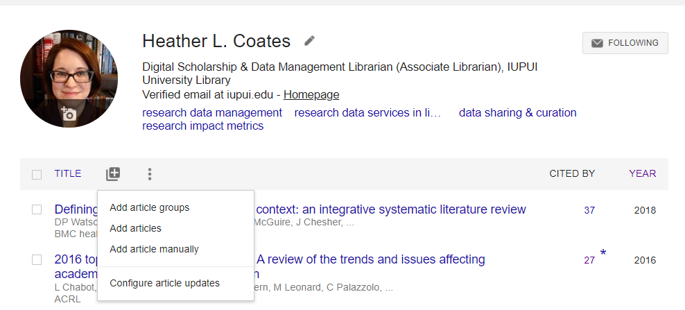 screenshot of menu for adding publications
