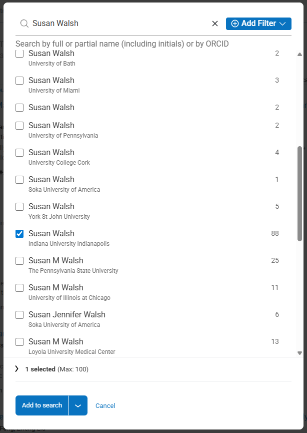 screenshot of Dimensions researcher selection window