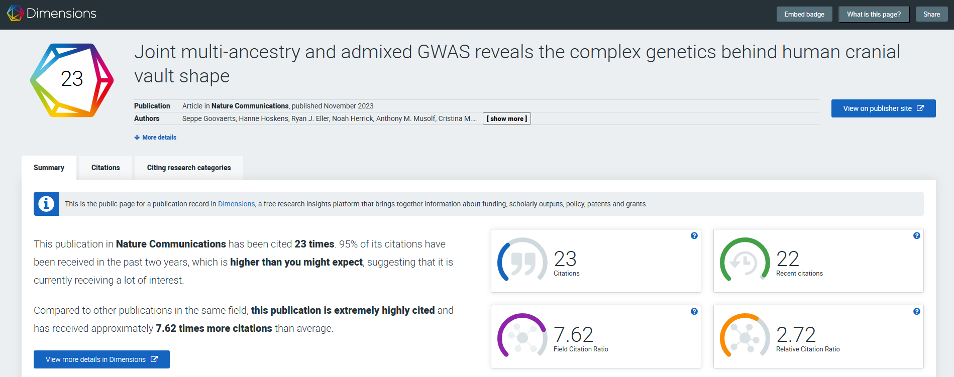 screenshot of Dimensions badge summary tab
