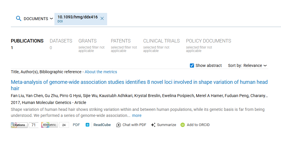 screenshot of Dimensions search results