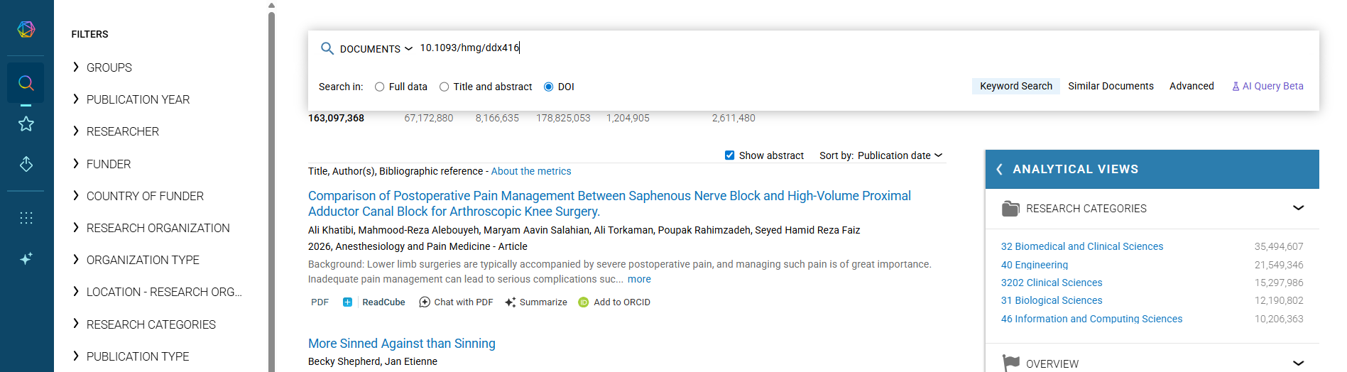 screenshot of Dimensions document search using DOI