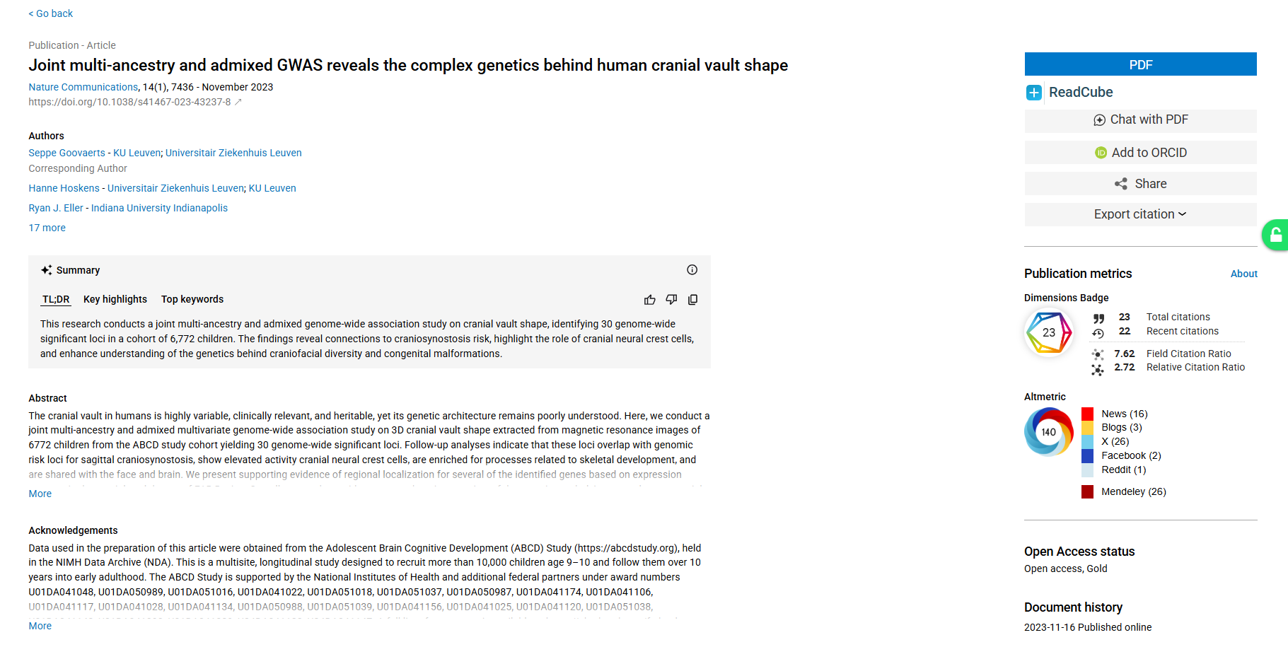 screenshot of Dimensions item page