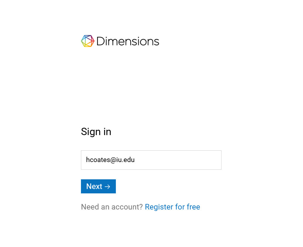 screenshot of Dimensions log in page