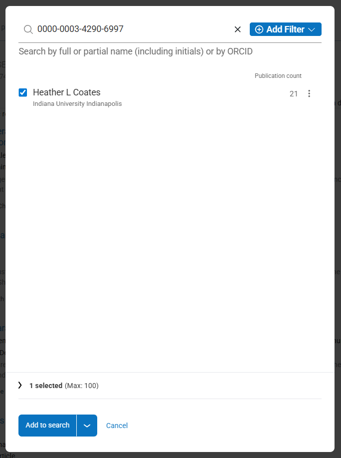 screenshot of Dimensions Researcher search window using an ORCID