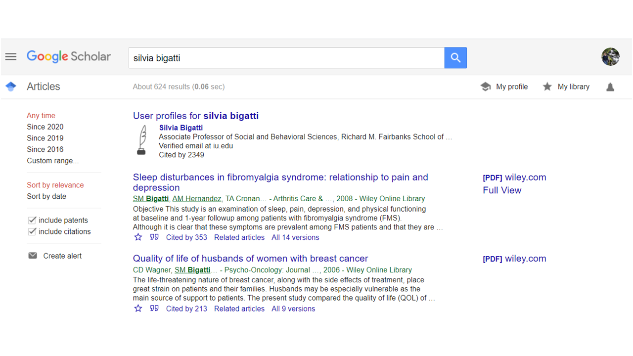 screen shot of Google Scholar search results for a name