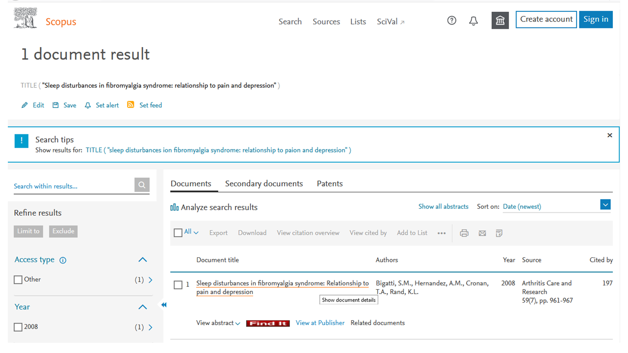 screenshot of the results for a document search in the Scopus database
