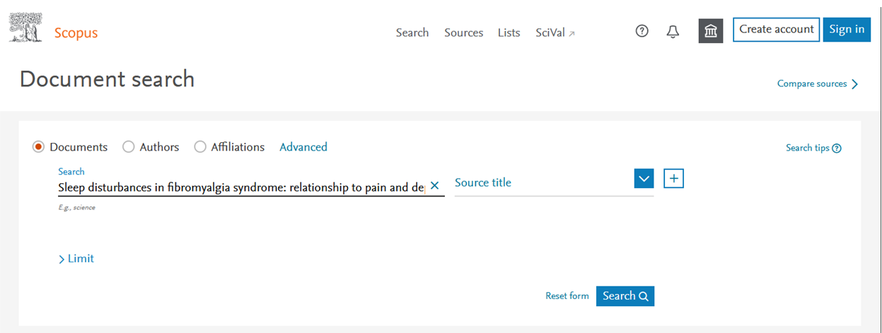 screenshot of document search screen in the Scopus database